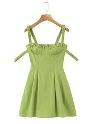 YENKYE Women Elastic Double Strap Sling Sexy Dress Summer Ladies Ruched Chest Corset Style Slim Waist Pleated A-line Mini Robe