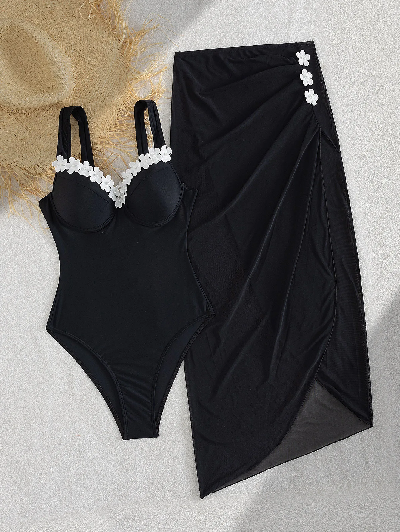 sexy white flower patchwork push up swimsuits two pieces bodysuits with long split mesh skirt bathing suit swimwear tankini