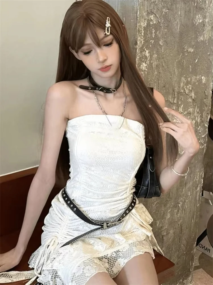 Irregular Ruffled Strapless Women Grunge Dresses Y2k Aesthetic Pleated Flower Sweet Dress Backless Slim Harajuku Belt Vestidos