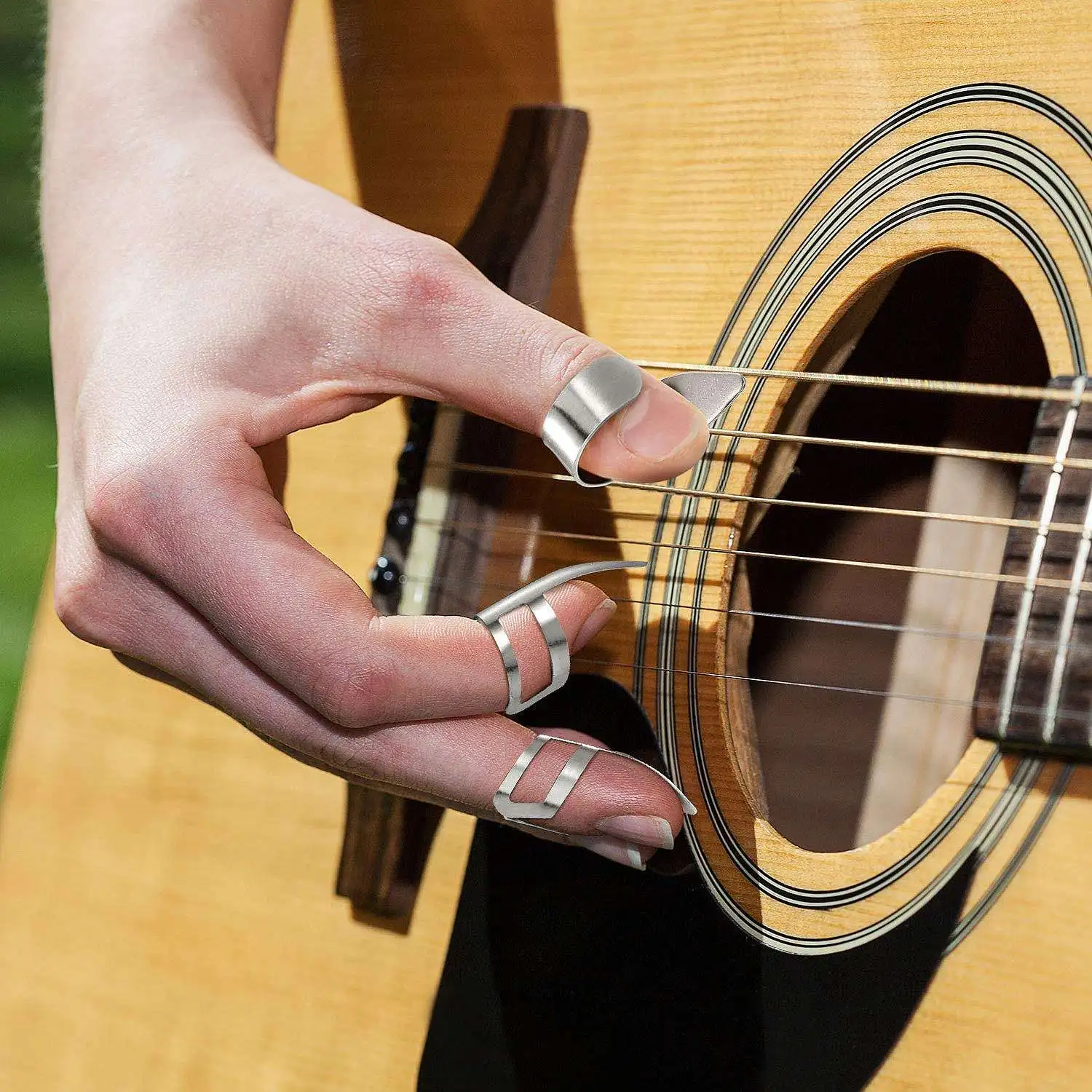 Prácticas púas de dedo pulgar para guitarra, 8 Uds., púas de guitarra de acero inoxidable con estuche de plástico para guitarra eléctrica, bajo, ukelele (plateado
