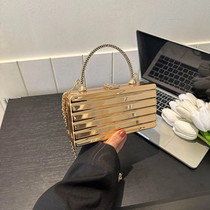 Metal Colour Box Design Women Party Clutch Bag 2023 New Shoulder Chain Purse Handbags Female Gold Crossbody Bag With Handle