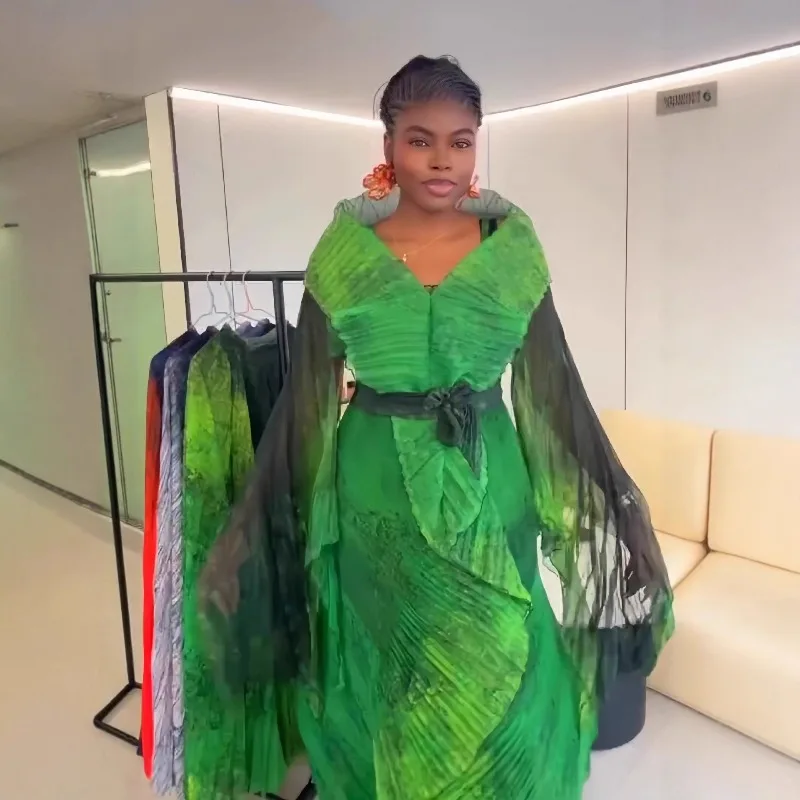 

Abaya Robe Women's Pleated Plus Size Set Miyake Printed Strapless Dress Party Gown Cardigan Dress 2-Piece Set American African