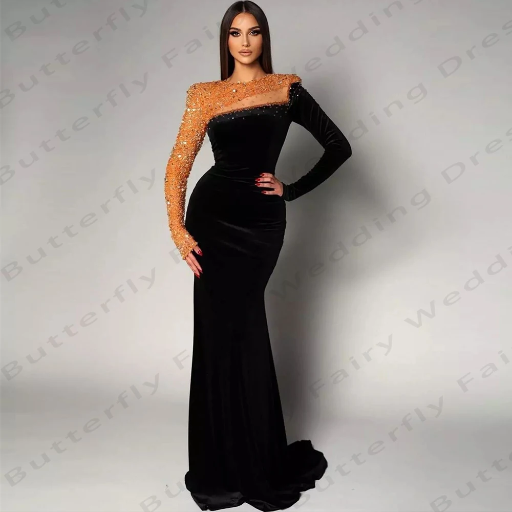 

Elegant Gorgeous Satin Evening Dresses Sparkling Beading A Line Round Neck Long Sleeves Simple Mopping Prom Gowns For Women 2024