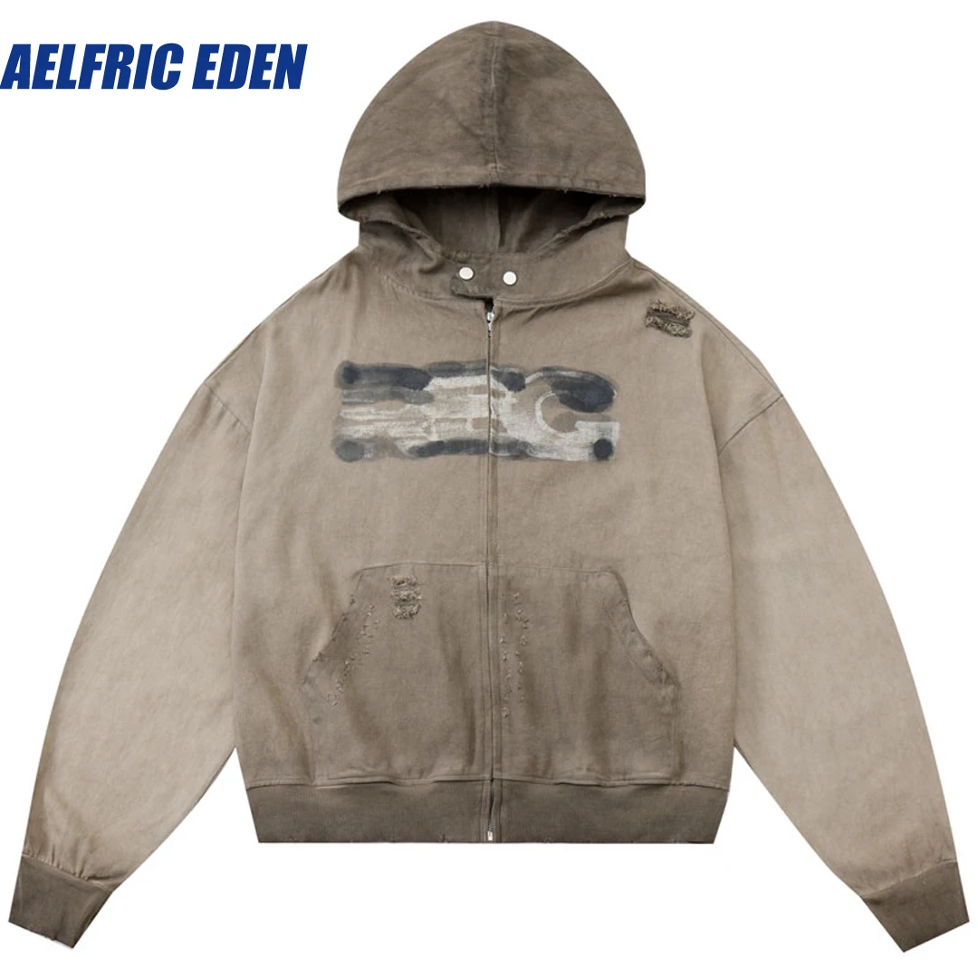 

Aelfric Eden Ripped Distressed Zip Washed Hooded Vintage Zipper Hoodies Streetwear Hip Hop Sweatshirt Y2K Harajuku Cotton Hoodie