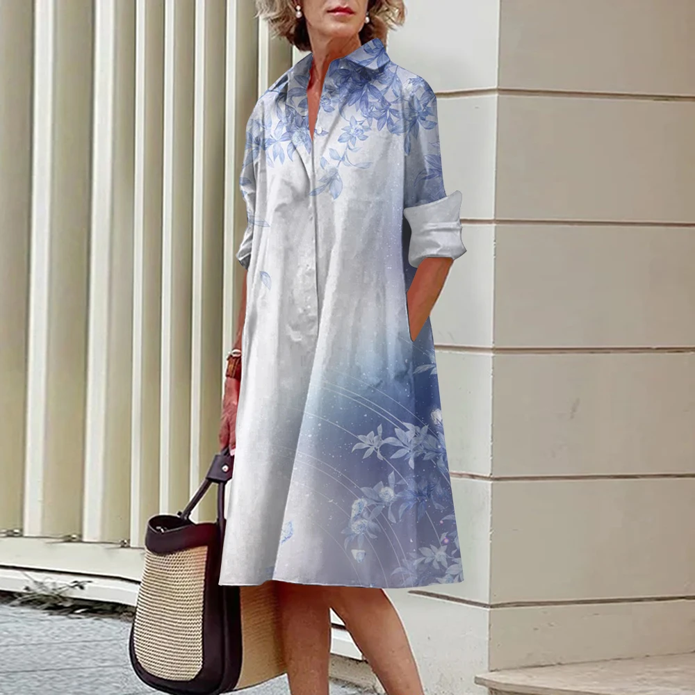 2024 Autumn Floral Print Button Shirt Dress For Women Turn-down Collar Single-breasted Long Dress Lady Long Sleeve Blouse Dress