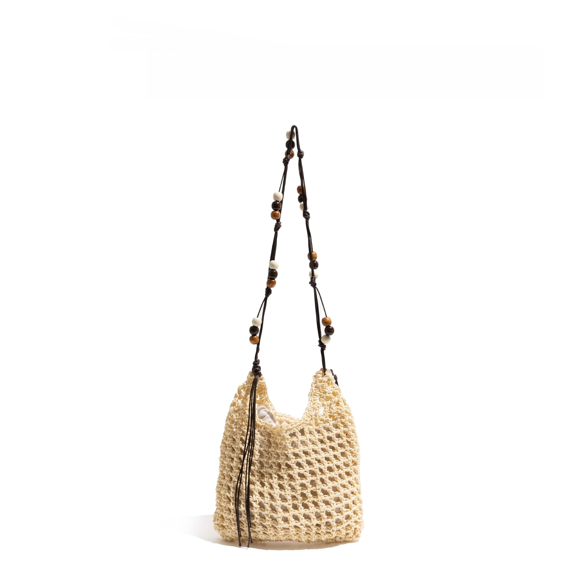 CKKUI Luxury Design Ethnic Style Beaded Strap Hollow Out Straw Crochet Square Shoulder Phone Purse With Inner Pocket