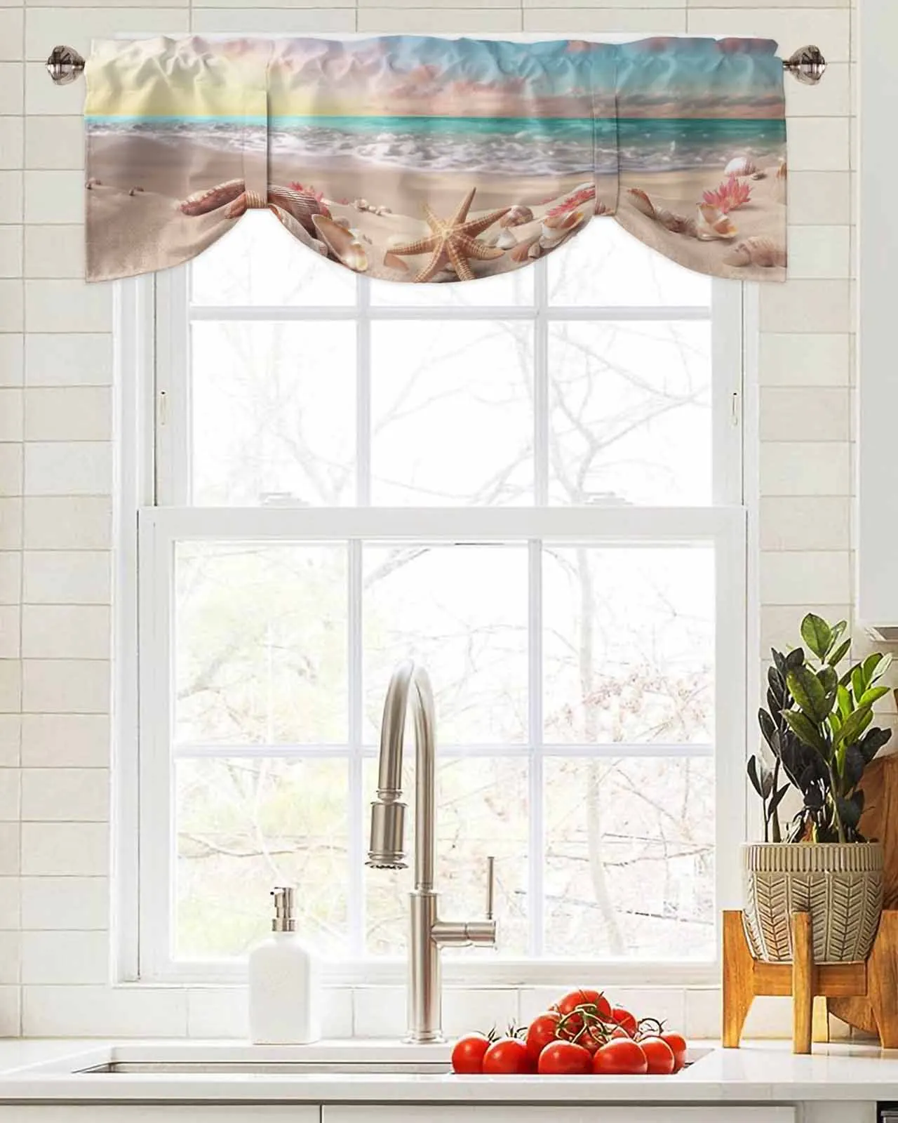 Summer Beach Starfish Shells Waves Short Window Curtain Adjustable Tie Up Valance for Living Room Kitchen Window Drapes