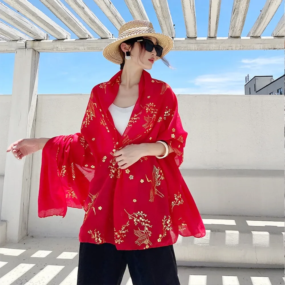 

Desert Travel Photography Red Shawl Scarf Ethnic Golden Crane Embroidery 2-in-1 Cotton Linen Warm Women Fashion Accessory