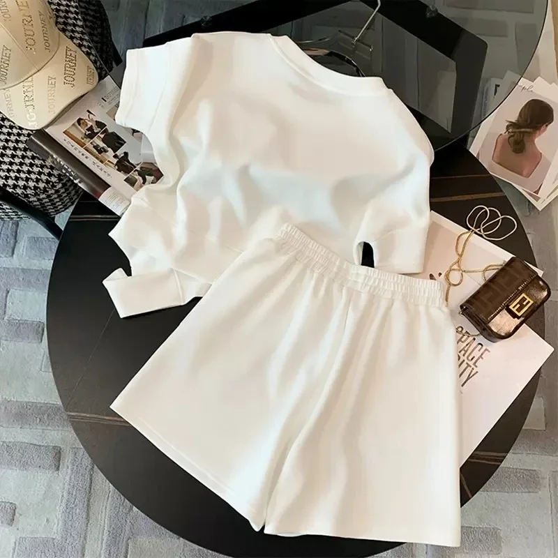 Summer 2024 Love rhinestones Sets Women Casual Loose White Two Pieces Short Sleeve T Shirts + Short Pants Outfits Tracksuit