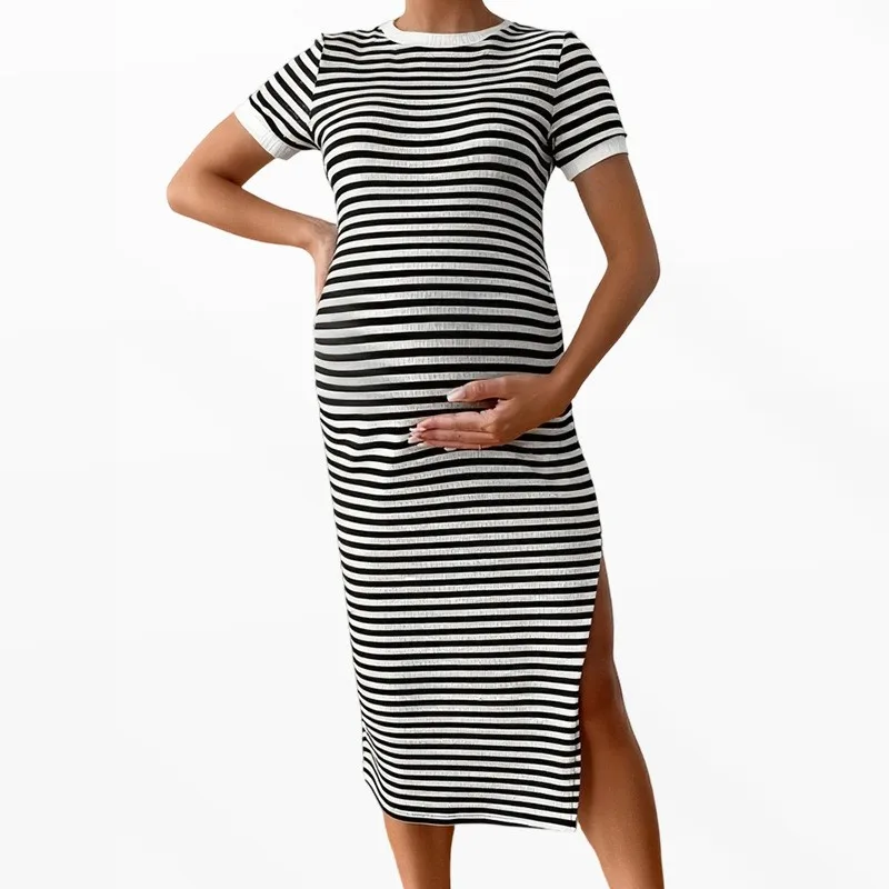 Women Striped Maternity Bodycon Dress Round Neck Side Split Midi Dresses Pregnant Women Casual Pregnancy Daily Wear Outfits