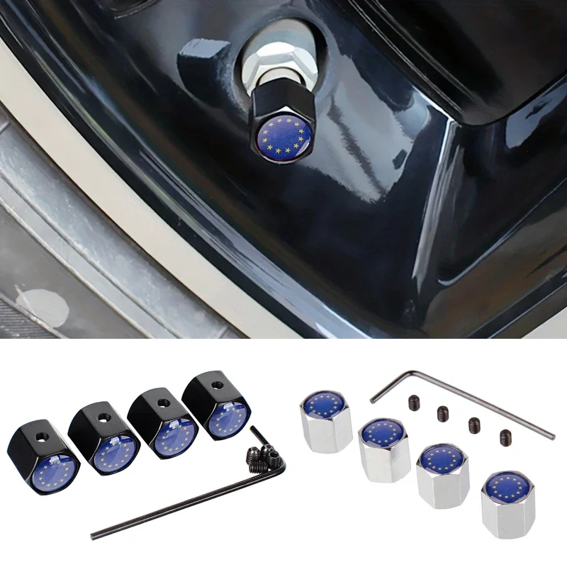 4PCS European Union Flag Car Wheel Air Covers Car Air Valve Stem Caps for Ford Dodge Honda BMW Toyota Audi Nissan Subaru Mazda