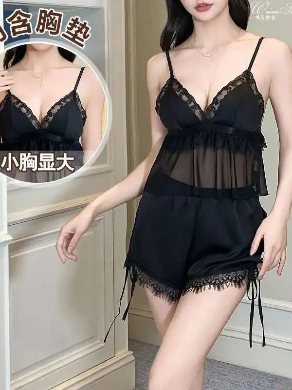 เซ็กซี่ลูกไม้ตาข่ายโปร่งใสสีทึบชุดกระโปรงBackless Deep V SuspendersกระโปรงแขนกุดชุดCharming Elegant Casual EFM4