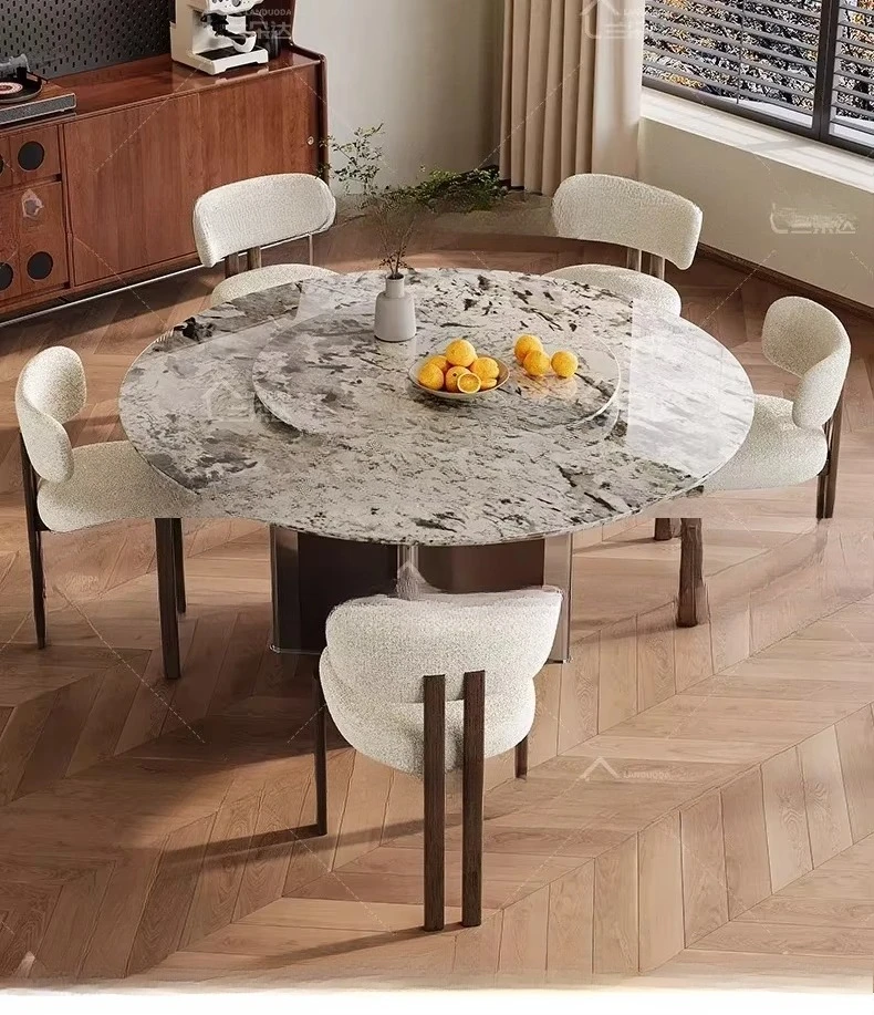 Medieval style round luxury stone turntable dining table advanced sense household living room  dining table can be customized