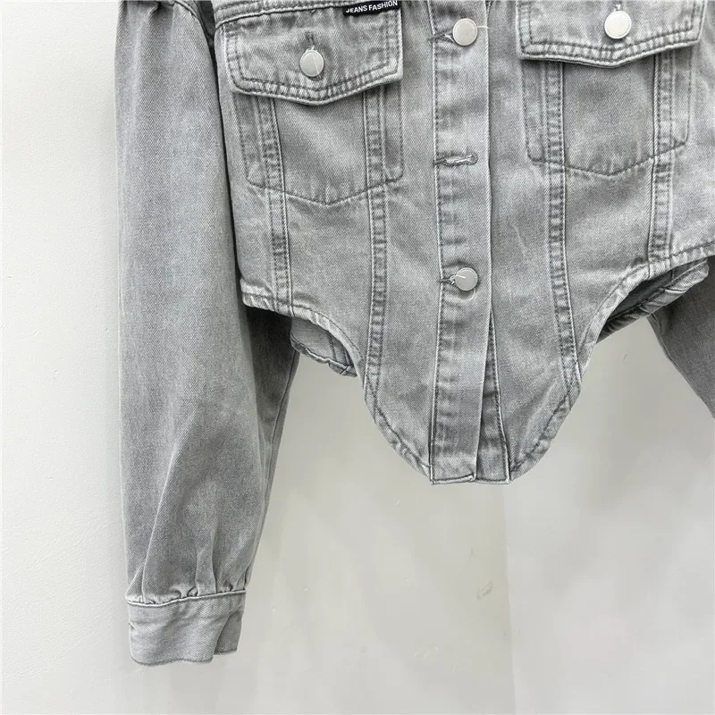 Frühling Herbst Unregelmäßigen Saum Dünne Kurze Denim Jacke Grau Blau Revers Einreiher Langarm Weibliche Jeans Jacke Grundlegende mantel