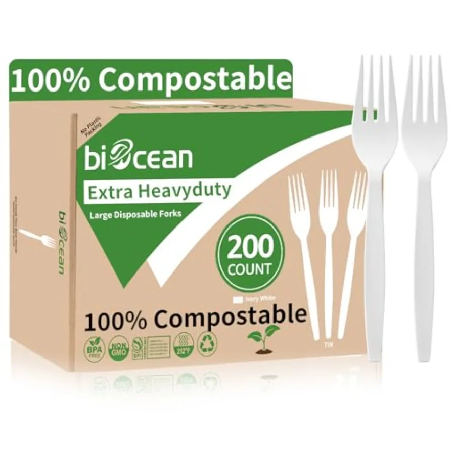 

Extra Heavyduty Compostable Forks [200 Count, 7In] Disposable Cutlery No Plastic Forks Large Biodegradable Utensils Eco Friendl