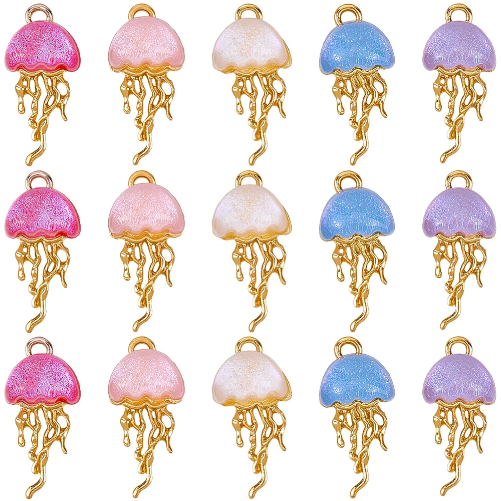 1 Box 20Pcs Gold Jellyfish Charm Sea Animal Charms Alloy Resin Summer Beach Ocean Creature Marine Life Pendants for Jewelry