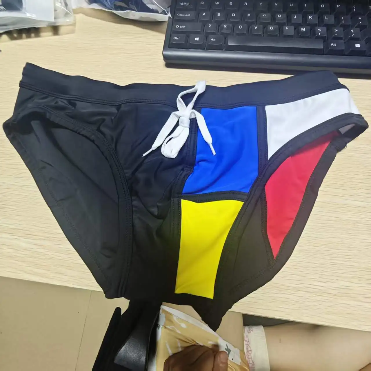 Real shot multi- splicing craft boxer swimsuit four-corner swimsuit beach  close-fitting three-dimensional swimsuit menU031