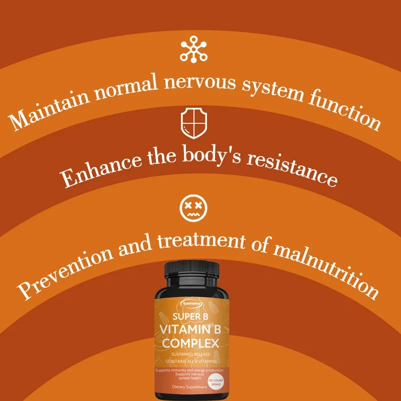 كبسولات فيتامين ب المركبة - مع فيتامين C، B1، B2، B3، B5، B6، B12 - تجديد الطاقة، وتخفيف التوتر، وتعزيز المناعة