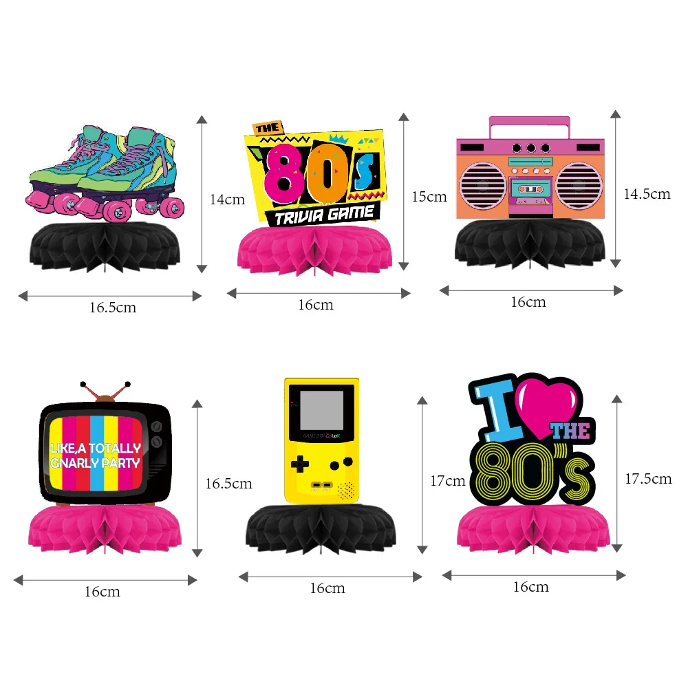 6 Stück 80er Jahre Wabenornamente Retro-Themen Disco Radio Skates CD Mittelstücke 3D-Karte Tischaufsatz Geburtstagsfeierbevorzugung Dekor – Detail 4