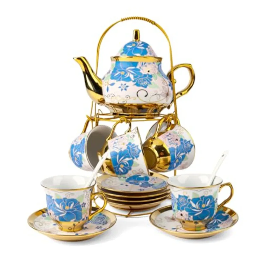 

Набор из 20 предметов: фарфоровый чайный сервиз с металлической подставкой, европейский керамический чайный набор на 6 персон, винтажный цветочный чайник, чашки, блюдца и ложки