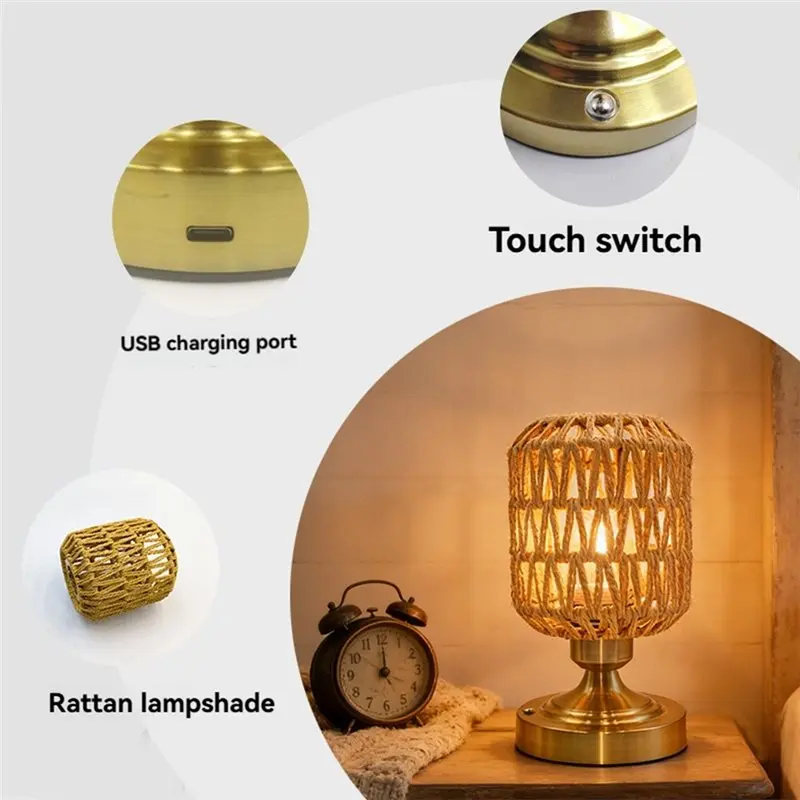 【PARTY  DAY】Rattan Lamps Cordless Rechargeable Rattan Table Lamps USB Charging Stepless For Patio Living Room Bedroom