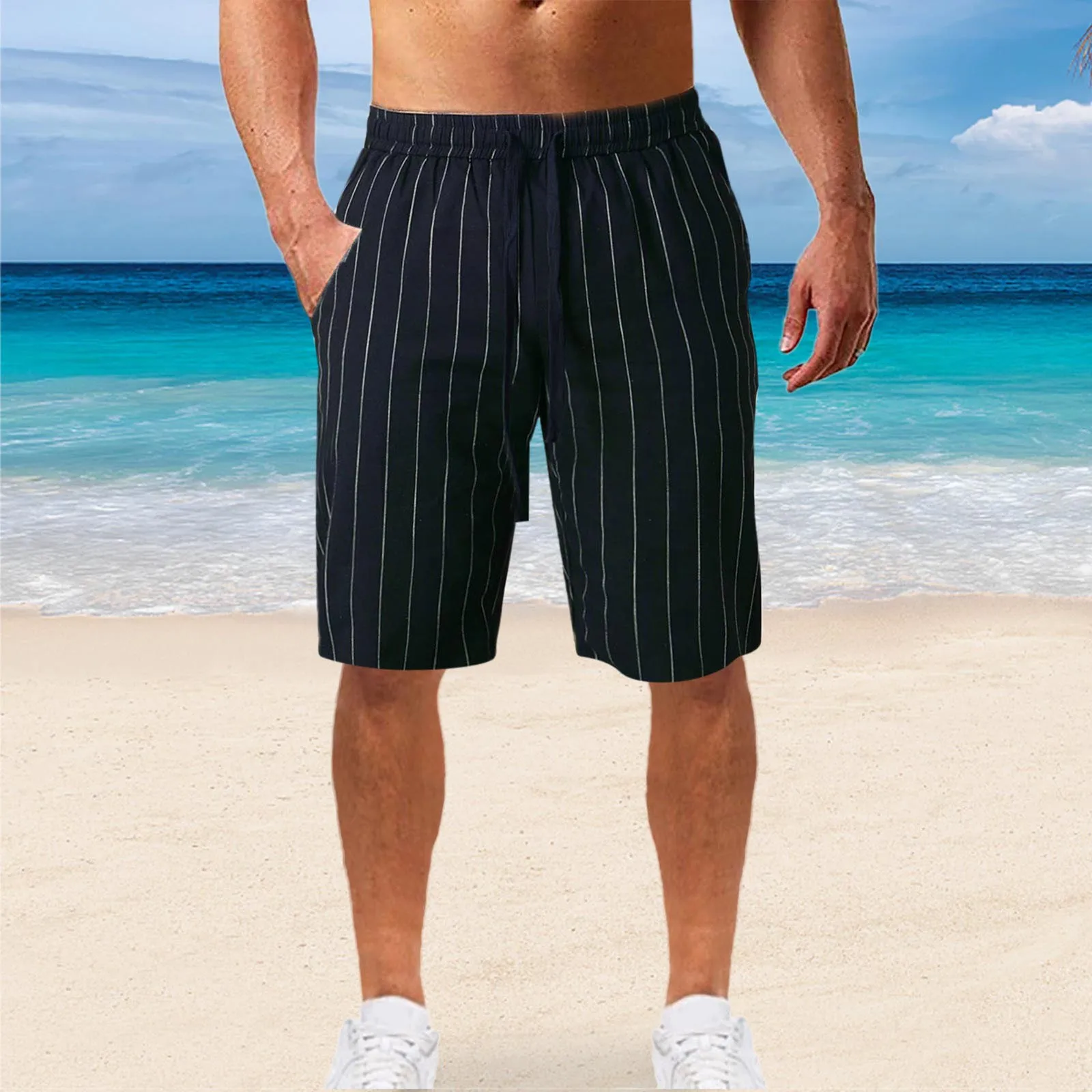 Mens Cotton Linen Shorts Summer Breathable Stripe Gym Running Pocket Cargo Short Trousers Boho Beach Five-point Pants Male