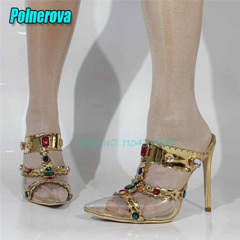 Luxury Gemstone Gold High Heels for Women Transparent PVC Pointed Toe Half Slippers Bohemia Stiletto Sandals Party Banquet Shoes