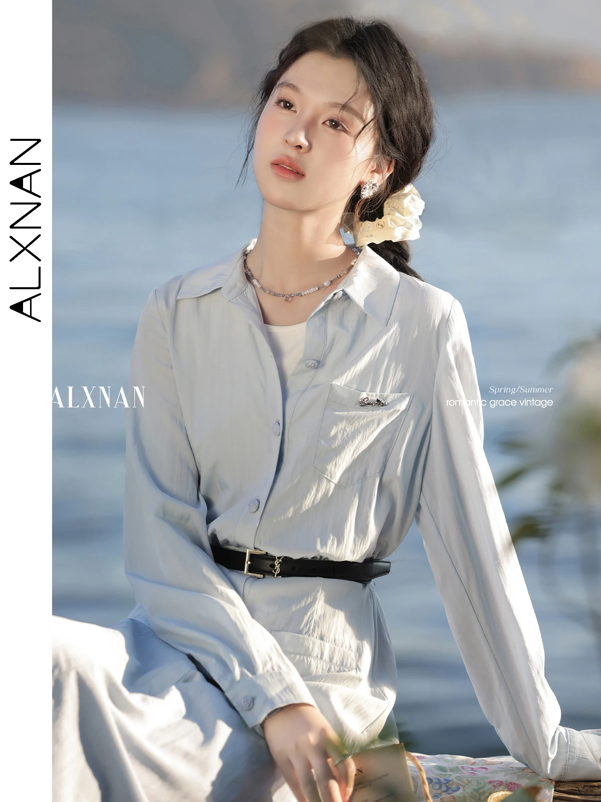 

ALXNAN Women's Dress Light Blue Lapel Office Elegant A-line Long Shirt Dress 2025 Summer Female Slim Long Sleeve Clothing L53128