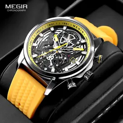 MEGIR Chronograph Quartz Watch Men Fashion Waterproof Yellow Silicone Strap Sport Wristwatch with Luminous Hands Auto Date 2235