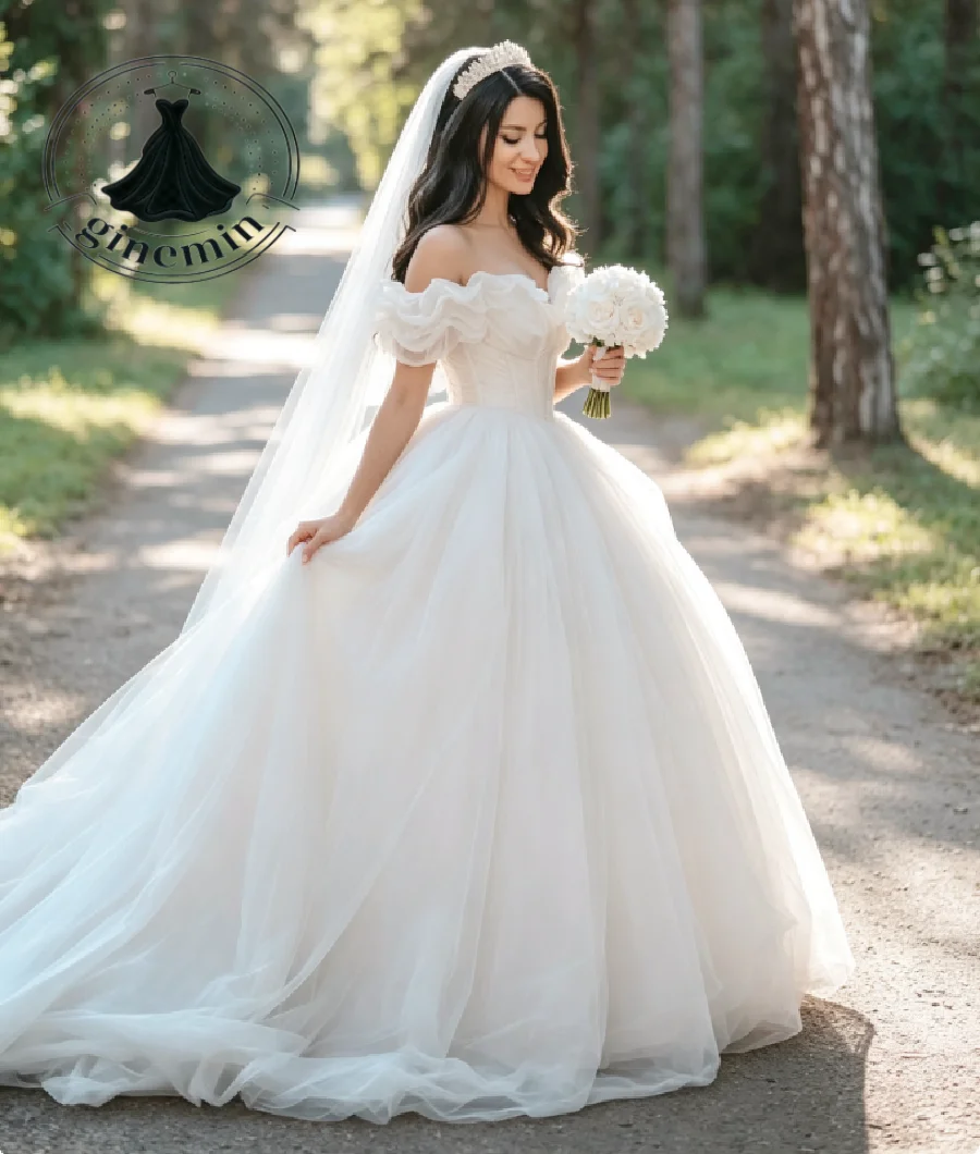 Fairytale Princess Ball Gown Victorian Wedding Dress Pleated Bodice Tulle Court Train Ivory Bride Dresses Off Shoulder Country