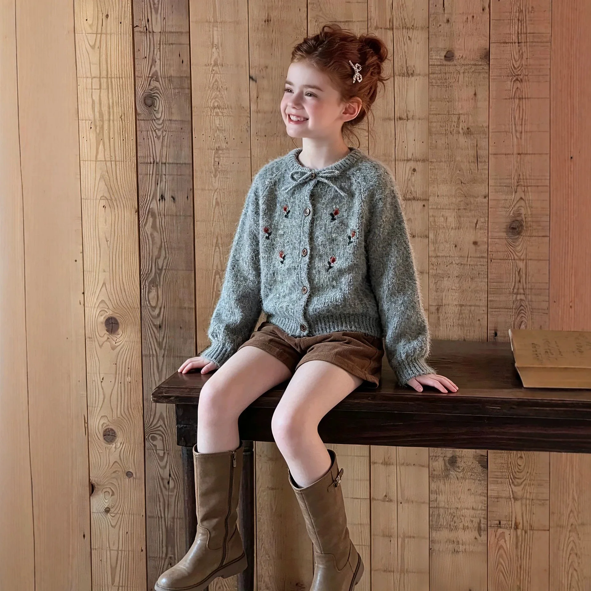 Children's Heavy Industry Flower Sweater Cardigan Autumn New Children's Casual Baby Korean Top Coat Trendy