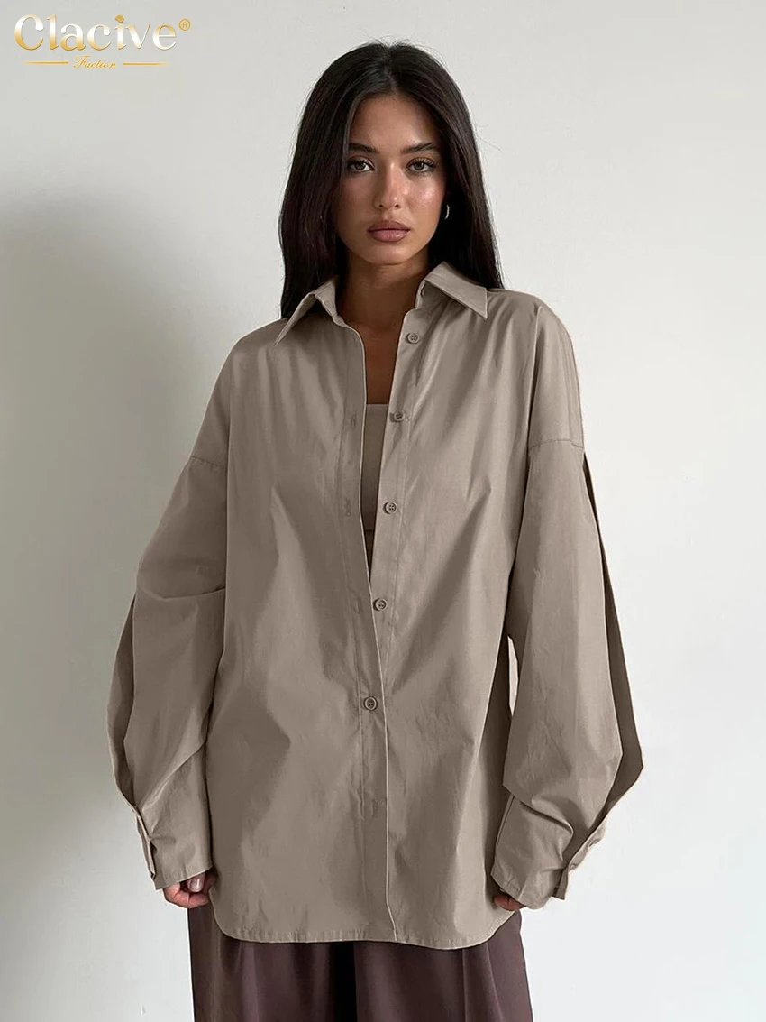 

Clacive Fashion Loose Khaki Women's Blouse 2025 Casual Lapel Long Sleeve Shirt Elegant Classic Solid Top Female Clothing