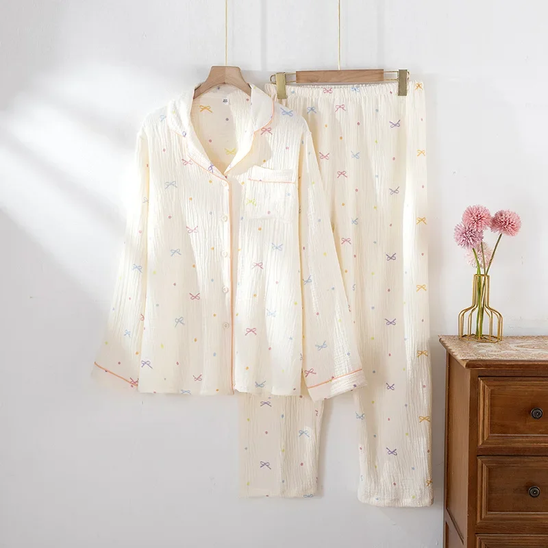 

New large size pajamas women cotton crepe home service cotton long sleeve trousers suit simple and comfortable summer and autumn