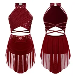 Girls Lyrical Dance Dress for Stage Performance Costume Kids Glittery Rhinestone Sheer Mesh Strappy Backless Leotard Dresses