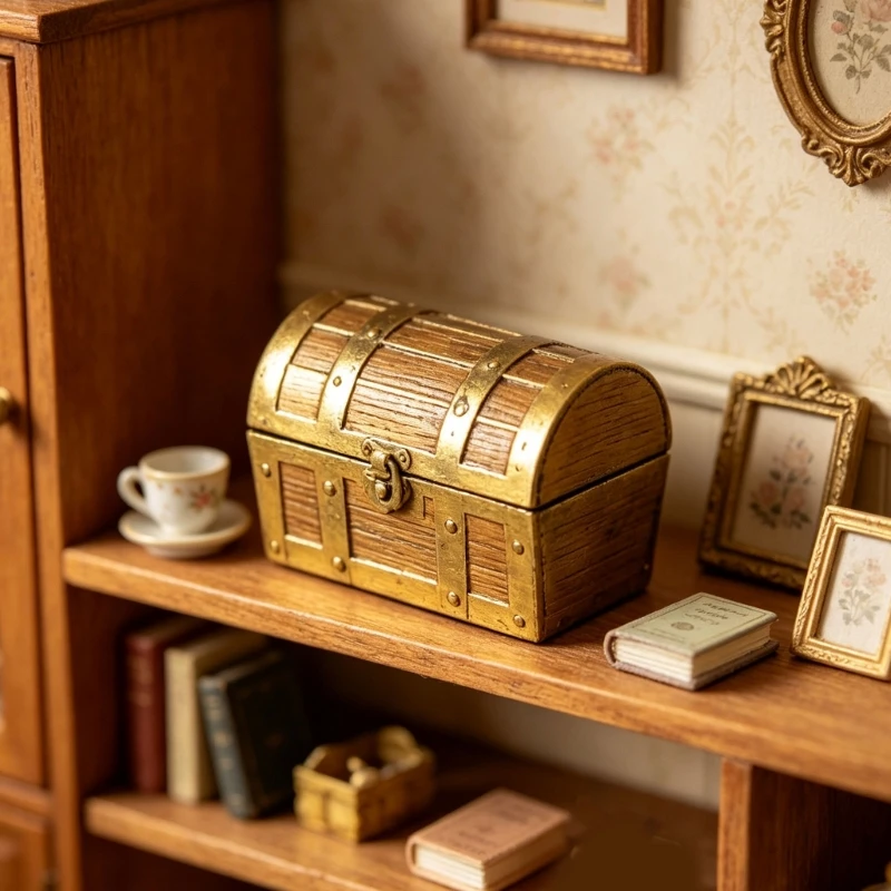 Aged Gold-Tone Miniature Pirate Decorative Box with Dark Detail and Opening Lid for Tabletop and Detailed Tiny Room A2UB