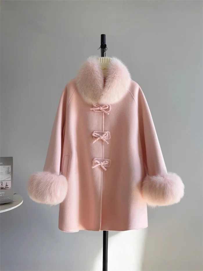 المرأة الخريف الشتاء الفاخرة 100% معطف الصوف سيدة أنيقة الثعلب الفراء طوق الأصفاد طويلة الأكمام فضفاضة الصوف أبلى #4