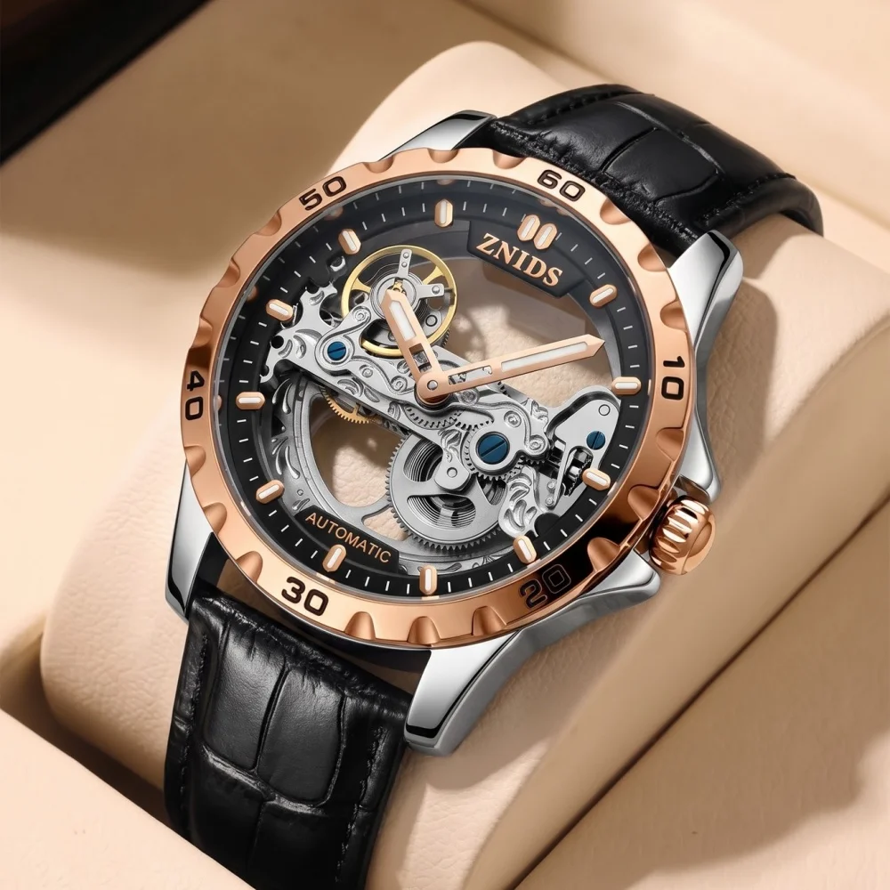 Trendy Men's Mechanical Watch, Hollow-Out Transparent Dial, Fully Automatic Mechanical Movement, Leather Strap, Luminous Waterproof, Self-Winding, Suitable for Business, Casual, Outdoor, and Multiple Occasions, High-Value Men's Watch, Gift for Boyfriend or Husband.