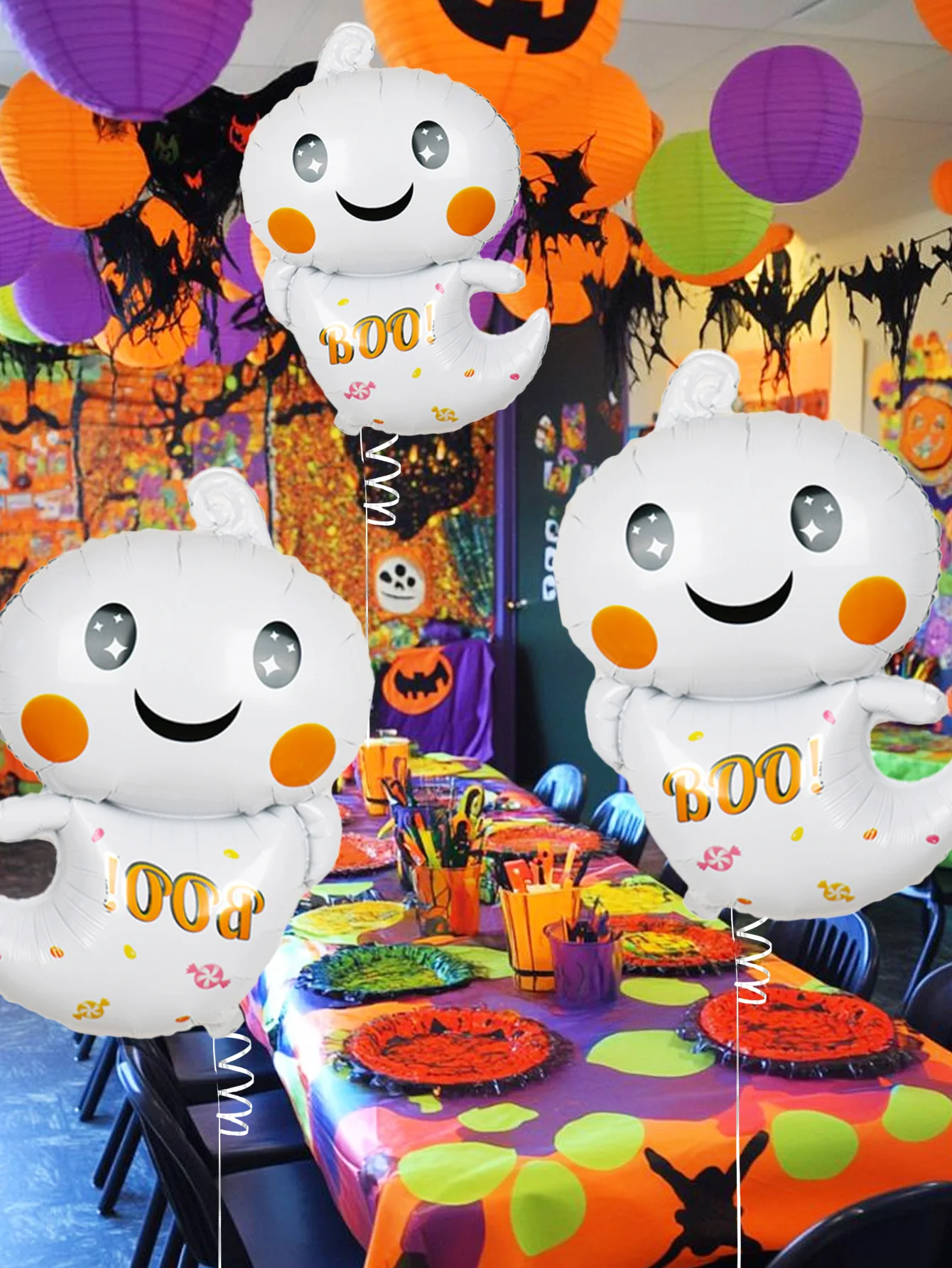 مجموعة بالونات من فيلم الألومنيوم الشبح الأبيض اللطيف مكونة من 3 قطع - مناسبة لمستلزمات تزيين حفلات الهالوين، وديكور رعب الأشباح #1