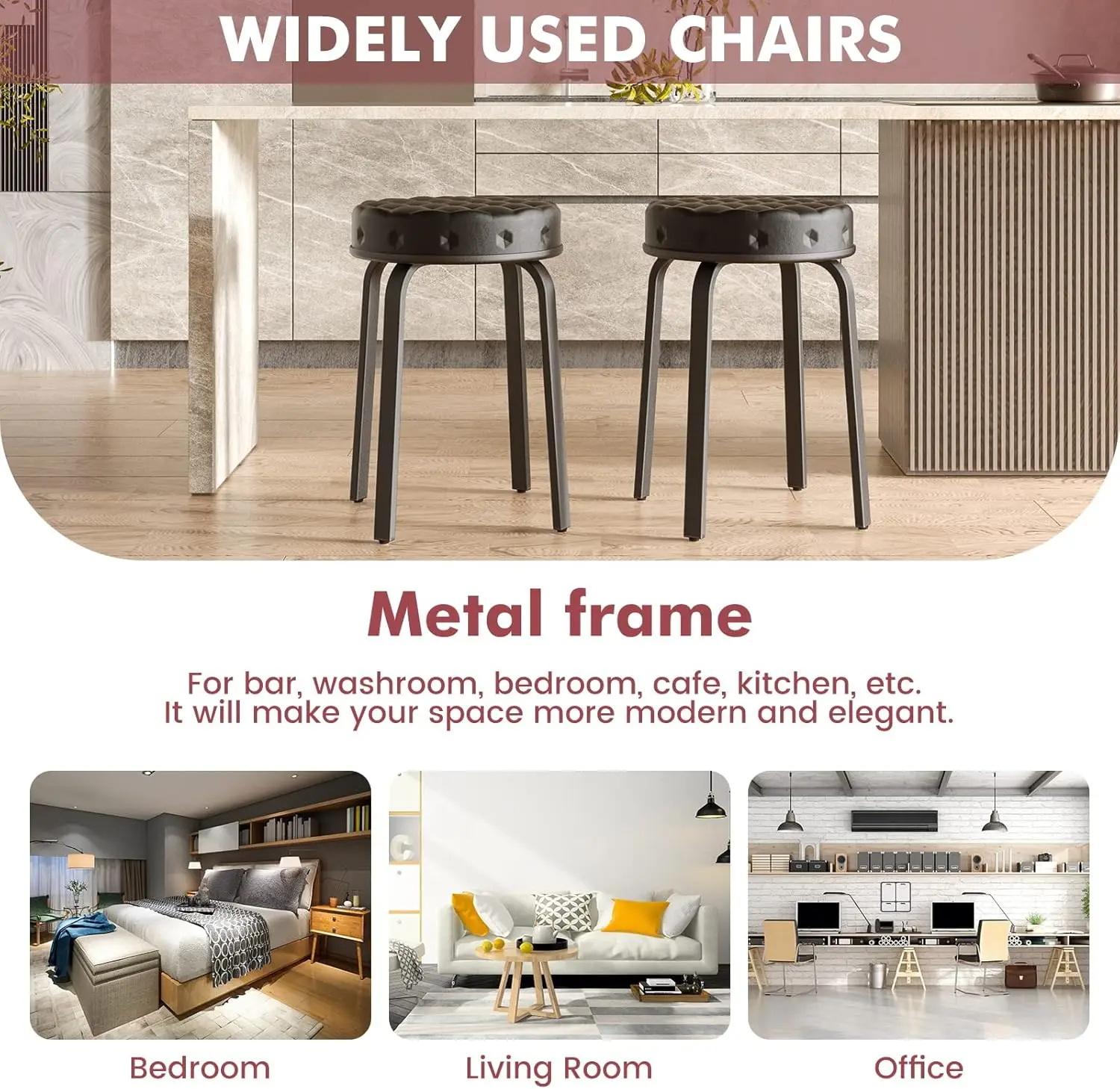 Modern Stackable PU Leather Stool Set of 2, Backless Round Design with Metal Legs for Kitchen, Dining Room, Party, Black