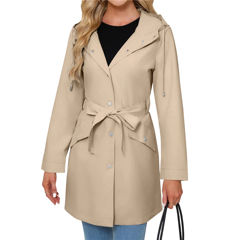 

Women Hooded Classic Tie Belt Drawstring Outdoor Activity Waterproof Rain Coat Windbreaker