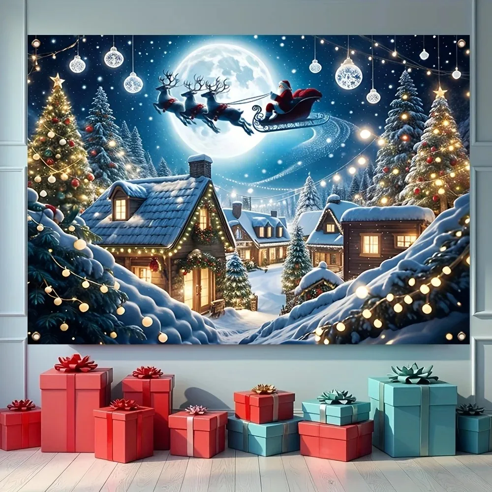 Santa Claus Christmas Tree Snow Scene Theme Horizontal Blessing Background, Festival Party, Home Decoration Photography Backdrop