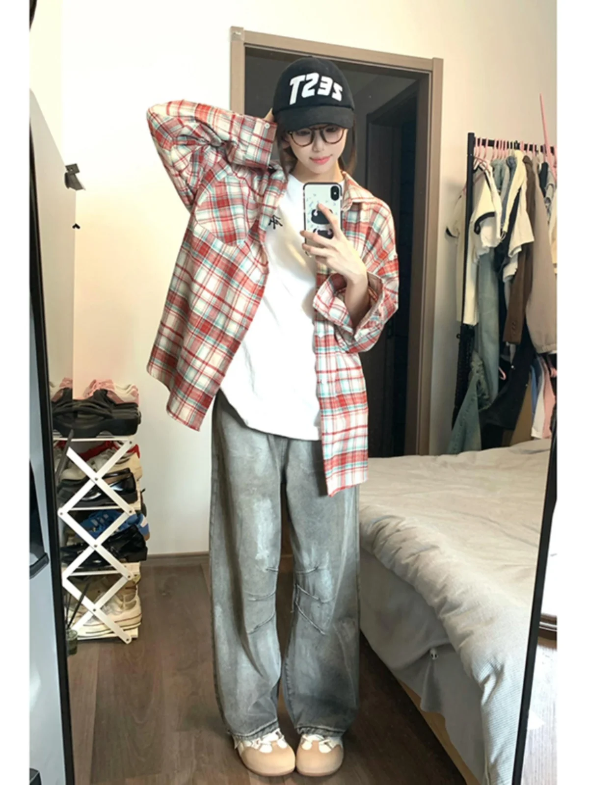 

Red Brushed Long Sleeve Plaid Shirt Summer Men's Style American Summer Thin Outerwear Trendy Brand Handsome Street Shirt