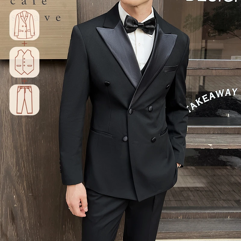 Man Elegant Black Double-Breasted Suit with Vest: Perfect for Formal Events and Sophisticated Occasions M-XL7