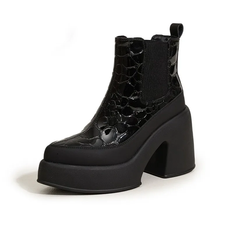 

9cm Autumn Classics Genuine Leather Ankle Boots Platform Women Round Toe Short Boot Shoes Handmade Chunky Heel Warm Short Boots