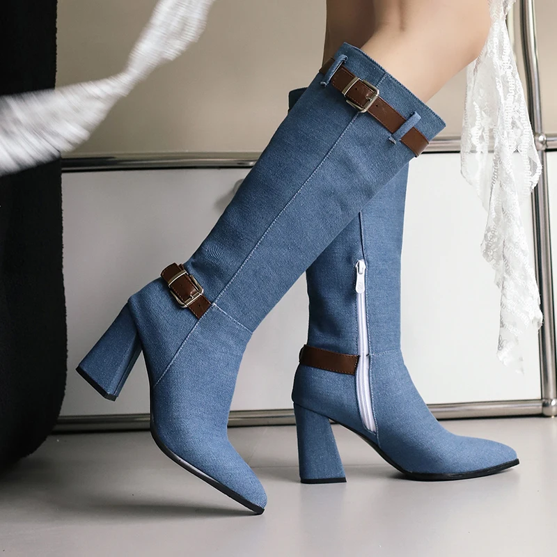 Plus Size Okrągła metalowa klamra paska Materiał dżinsowy Buty rycerskie ze spiczastymi wysokimi grubymi obcasami Damskie buty do kolan