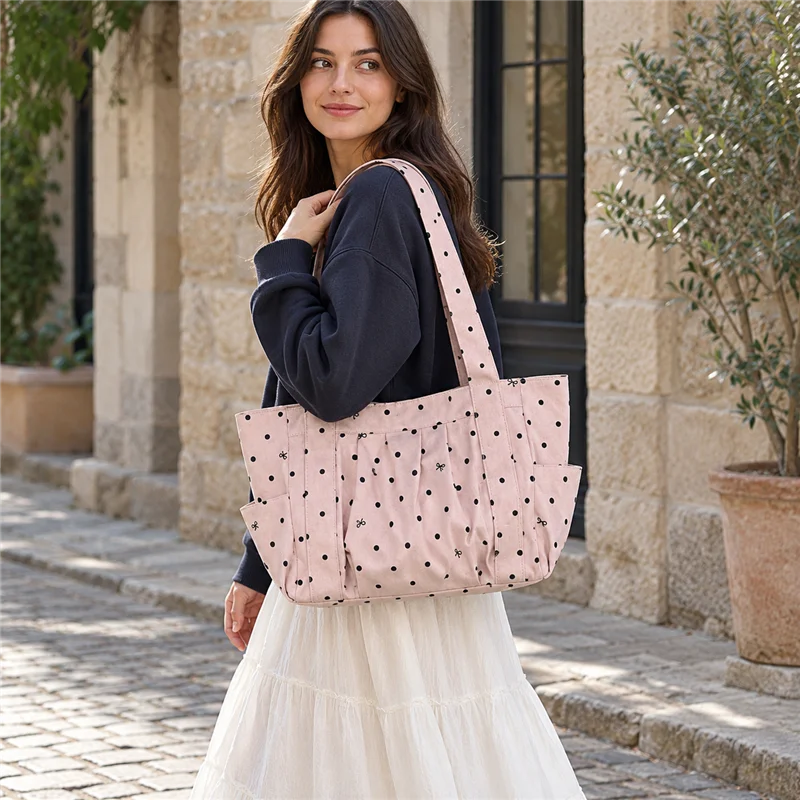 Korean retro polka dot bow tote bag women's large-capacity versatile shoulder handbag class commuter bag