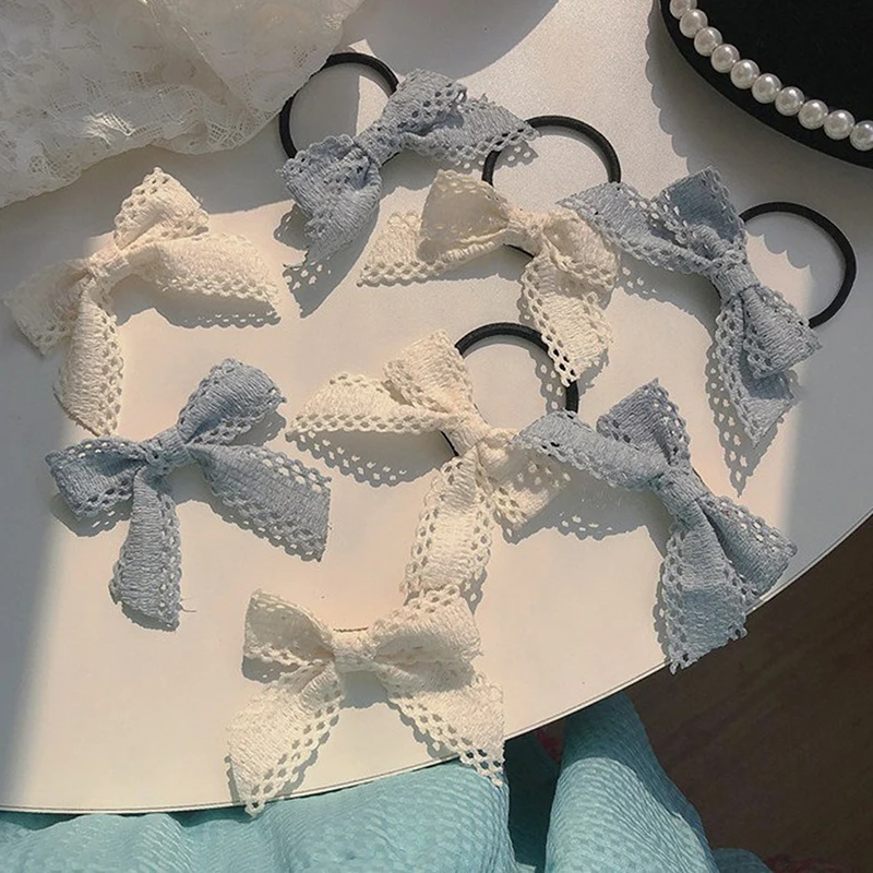 2Pcs Sweet White Lace Bowknot Hair Clips For Baby Girls Boutique Bows Hairpins Barrettes Rubber Band Headwear Hair Accessories