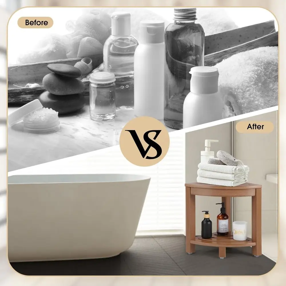 Banc de douche d'angle avec étagère de rangement, siège en plastique couleur teck pour le rasage et le bain dans des petits espaces de salle de bain