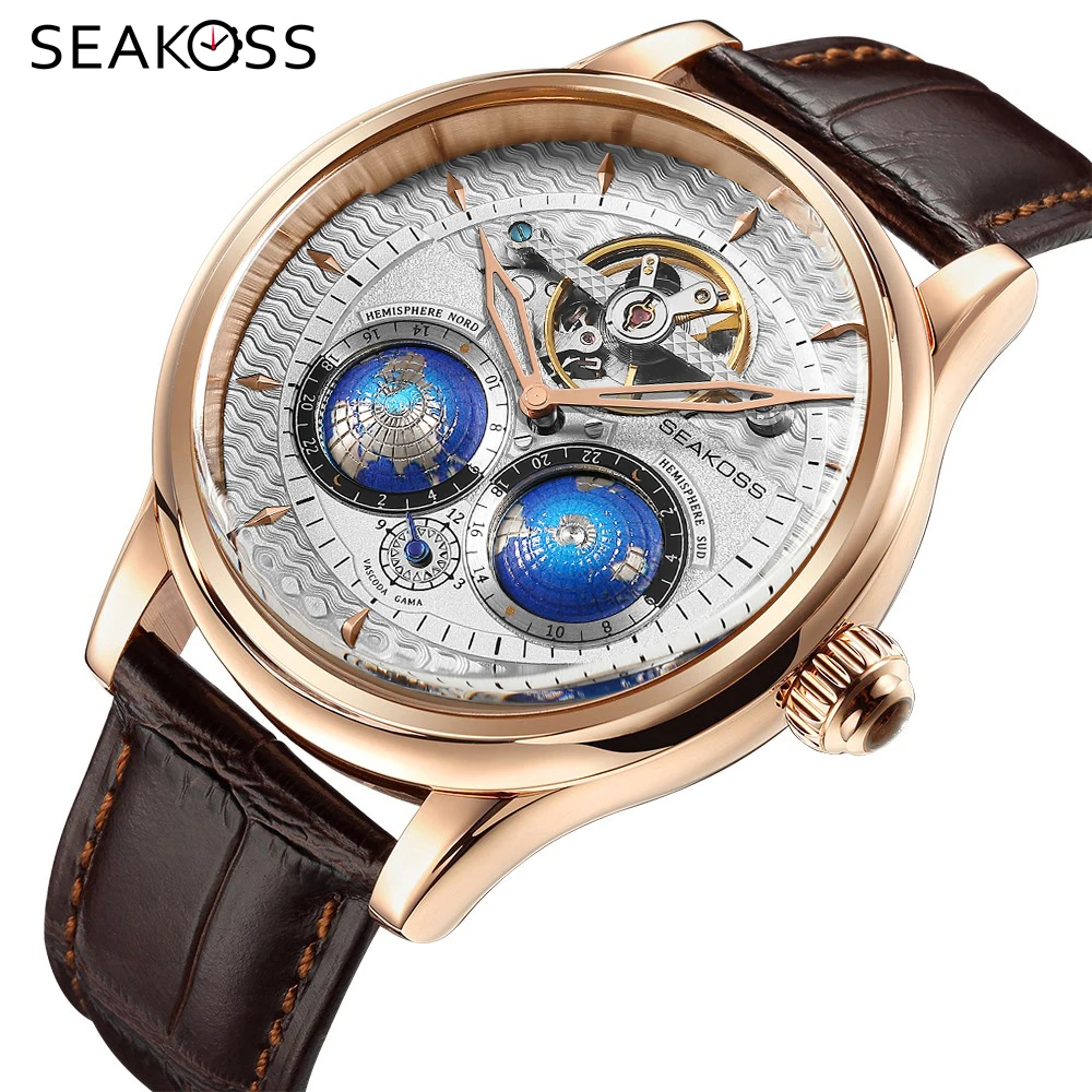 SEAKOSS Male Dual Earth Rotating Mechanical Men's Watch Automatic Movement Waterproof Clock Pilots 1963 Flywheel Wristwatches