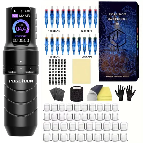Imagen 2 del producto Kit de tatuaje POSEIDON, Kit de pluma de tatuaje profesional para maquillaje permanente, Kit de máquina de tatuaje, fuente de alimentación inalámbrica, Kit de pistola de tatuaje
